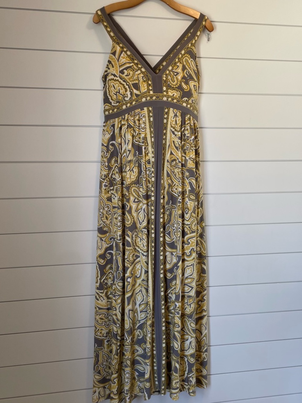 INC International Concepts Yellow and Gray Paisley V‑Neck Maxi Dress